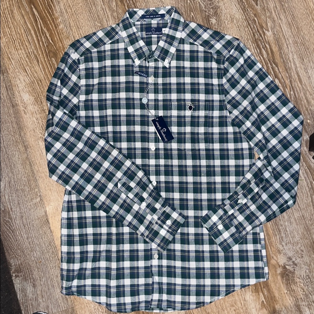 Simply Southern Green and White Plaid Button-Down Shirt new with tags